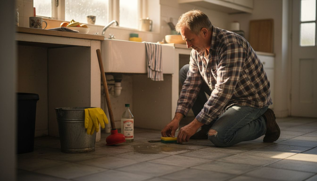 Homeowner prepares drain cleaning tools by kitchen sink