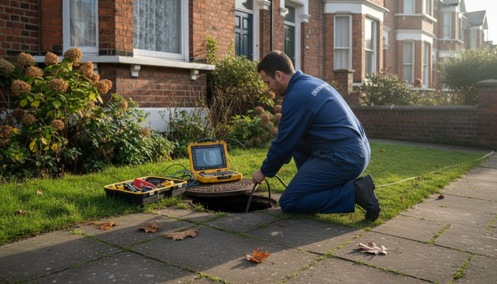 Technician inspecting Portsmouth drain with camera