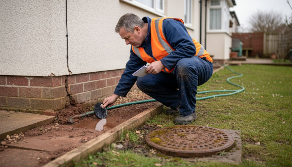 Drainage expert inspects cracked Portsmouth foundation