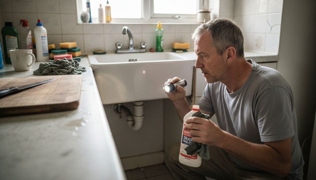 Homeowner inspecting kitchen drain pipe blockage