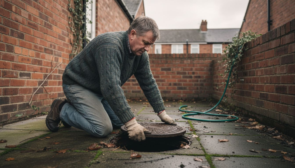 Homeowner inspecting blocked outdoor drain