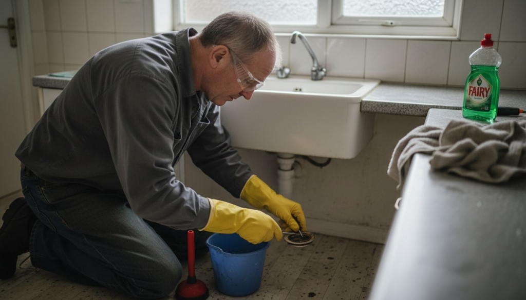 Homeowner preparing to unblock kitchen drain
