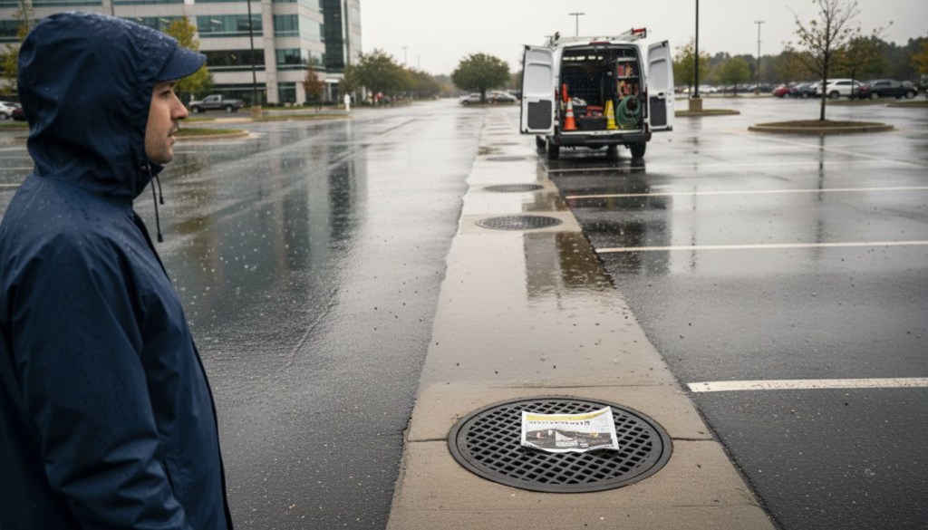 Manager inspecting commercial drainage after rain