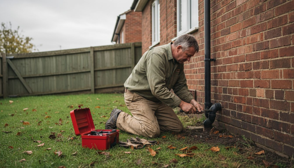 Homeowner repairing exterior drainage pipe in yard