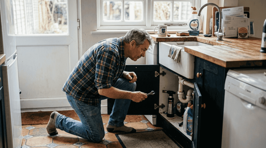 Homeowner inspecting kitchen drain in sunlight