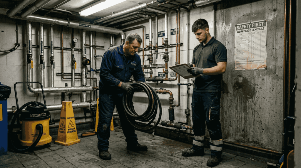 Plumbers performing commercial drain maintenance
