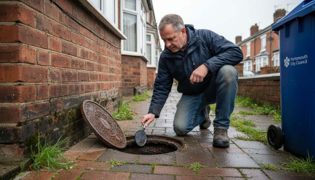 Man inspecting garden drain outside Portsmouth home