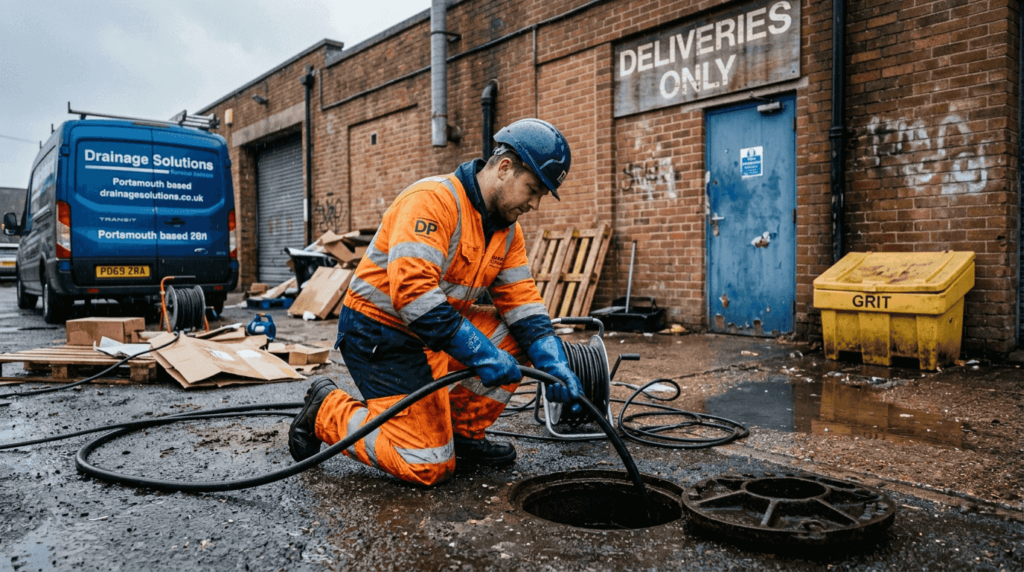 Technician unblocking drain outside Portsmouth business