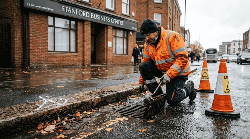 Worker inspects drainage outside Portsmouth building