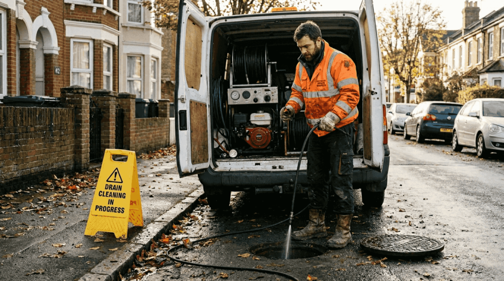 Drain jetting technician cleans pipes on street