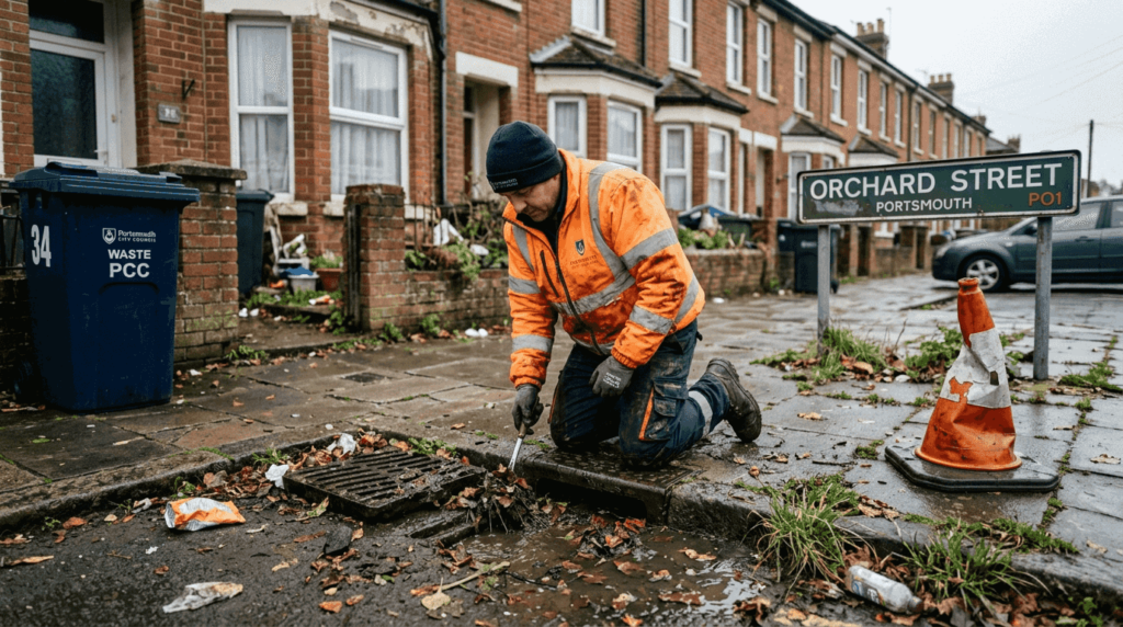 Worker clearing blocked street drain in Portsmouth