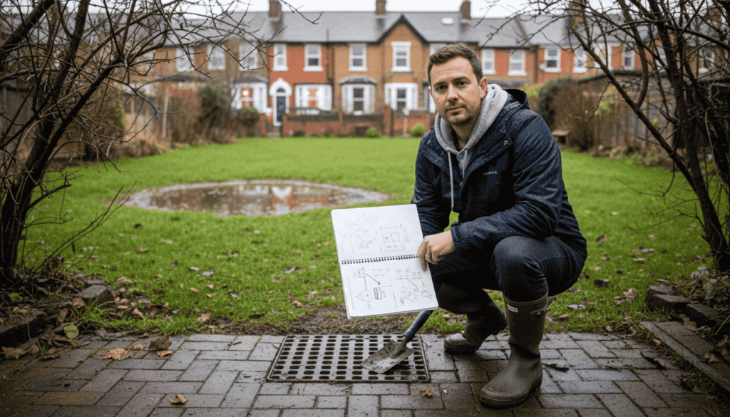 Homeowner inspecting drainage grate in Portsmouth yard