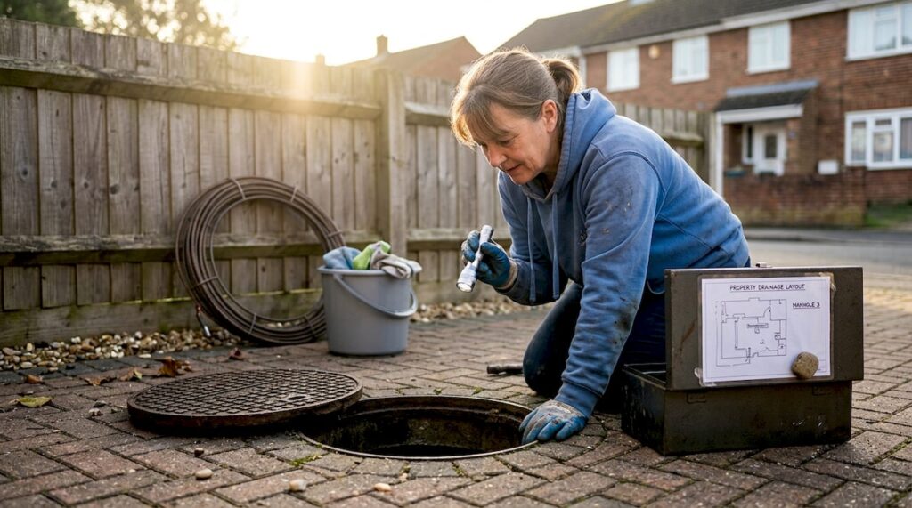 Homeowner inspecting open driveway drain with tools