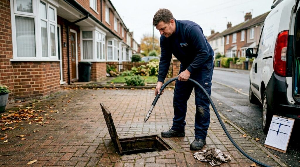 Technician using high-pressure jetting by home